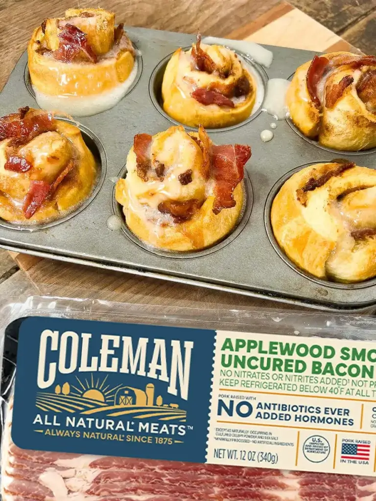 Bacon Buying Guide: Everything You Need to Know About Bacon 1 Maple bacon cinnamon rolls in a pan next to a package of applewood bacon